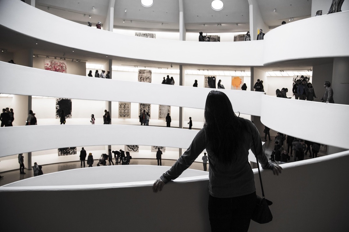 Shanghai modern art gallery with abstract sculptures in the foreground